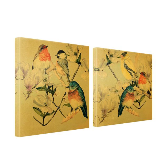 Obrazy na płótnie zwierzęta Zestaw kolorowych ptaków na gałązce magnolii