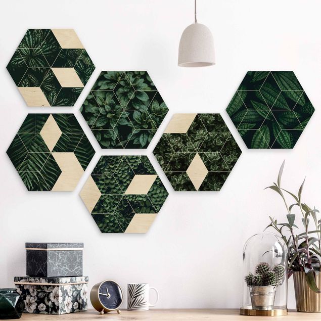 Obraz heksagonalny z drewna 6-częściowy - Zbiór geometrii "Zielone liście" II
