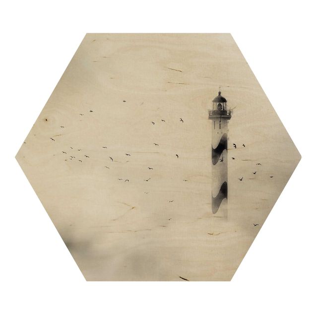 Obraz heksagonalny z drewna - Latarnia morska we mgle