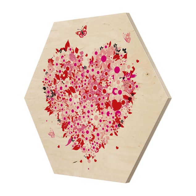 Obraz heksagonalny z drewna - Kwiatowe retro serce