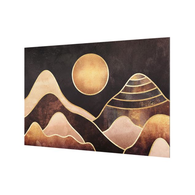 Panel szklany do kuchni - Złote słońce abstrakcyjne góry