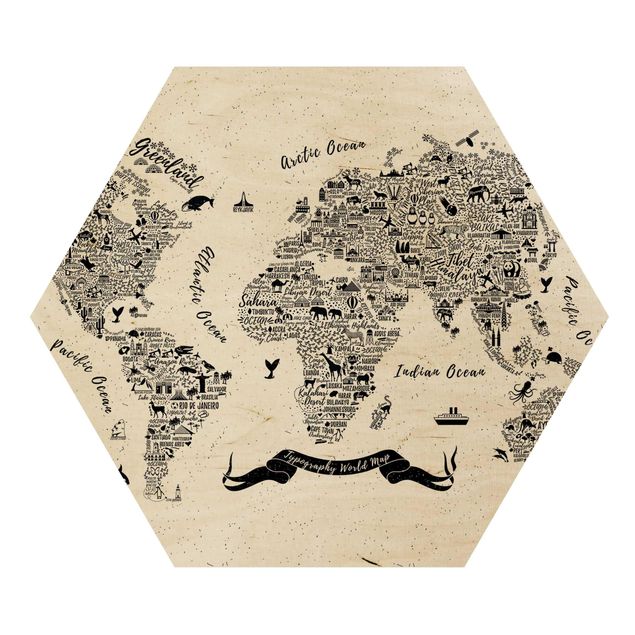 Obraz heksagonalny z drewna - Typografia Mapa świata biała
