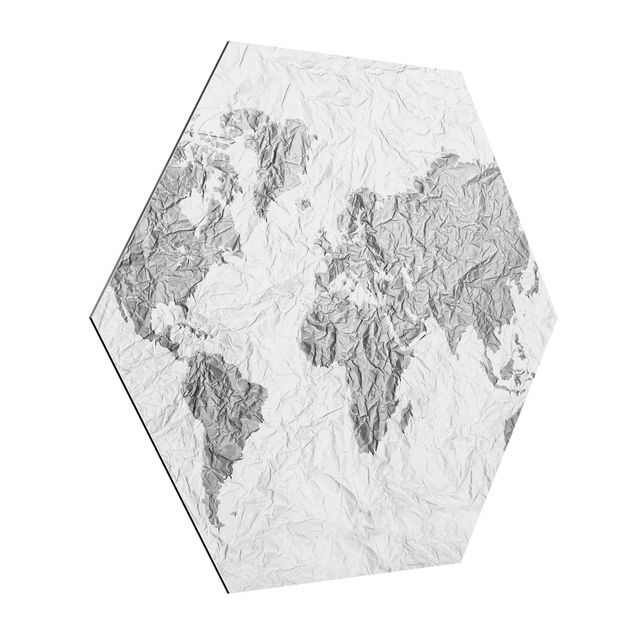 Obraz heksagonalny z Alu-Dibond - Papierowa mapa świata biała szara