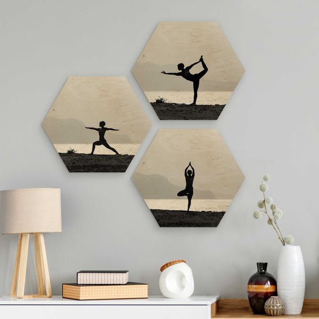 Obraz heksagonalny z drewna 3-częściowy - Yoga Trio
