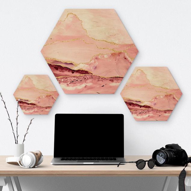 Obrazy na ścianę Abstrakcyjne góry różowe ze złotymi liniami