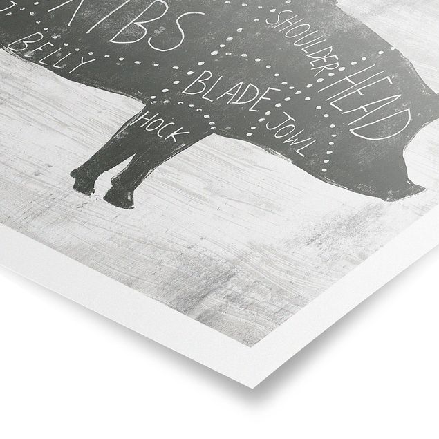 Plakaty czarno białe Tablica ekspozycyjna rzeźnika - świnia
