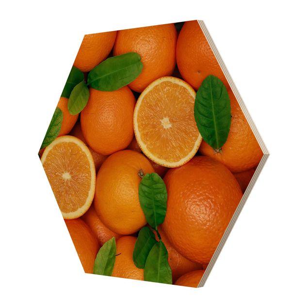 Obraz heksagonalny z drewna - soczyste pomarańcze