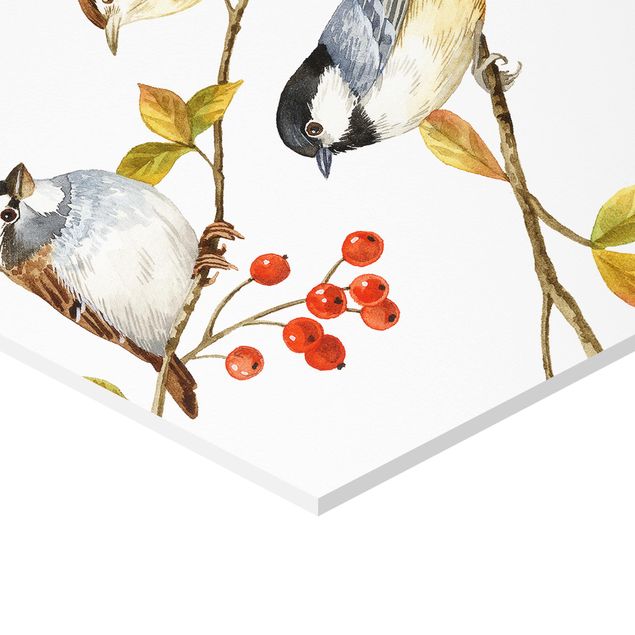 Sześciokątny obraz Ptaki i jagody - sikorki