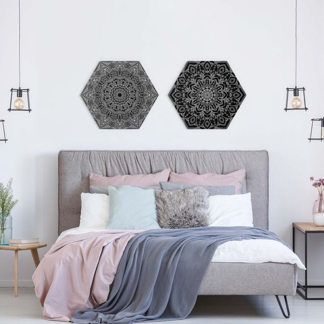 Obraz heksagonalny z Forex 2-częściowy - Wzór mandali z kwiatami i gwiazdami Czarny