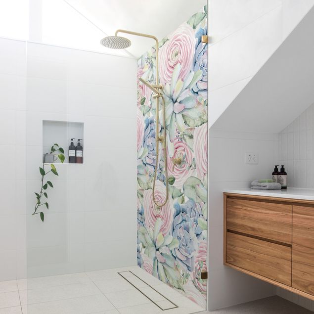Tylna ścianka prysznicowa - Watercolour Succulents And Ranunculus Pattern