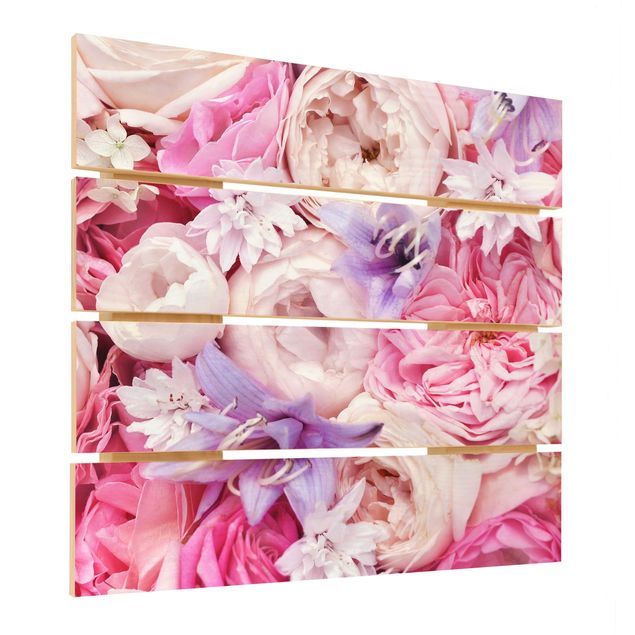 Obraz z drewna - Róże w stylu shabby z kwiatami dzwonków