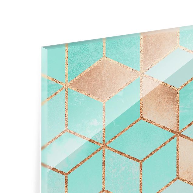 Panel szklany do kuchni - Turkusowo-biała złota geometria
