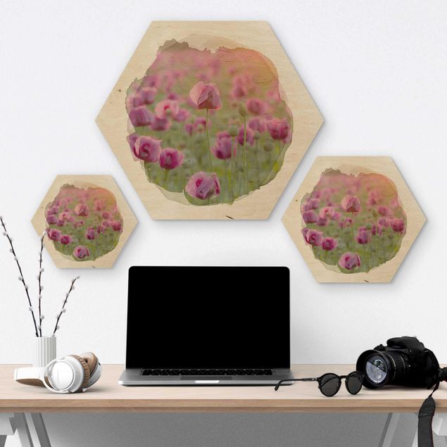 Obraz heksagonalny z drewna - Akwarele - Fioletowa łąka maków opiumowych na wiosnę