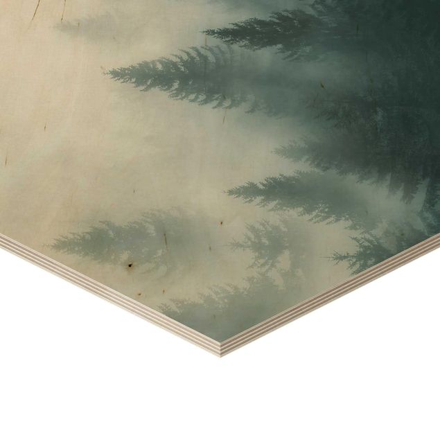 Obraz heksagonalny z drewna - Las iglasty we mgle