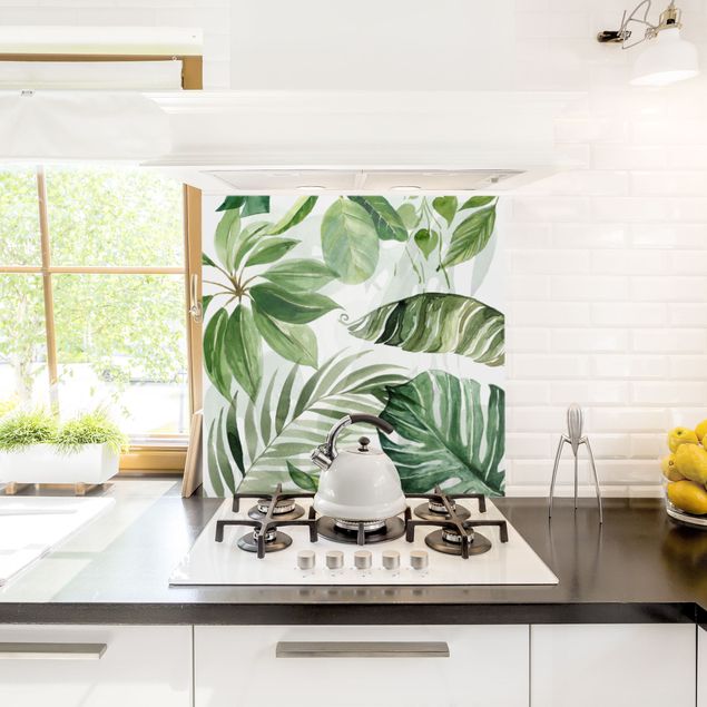 Panel szklany do kuchni Akwarela Liście i gałązki tropikalne