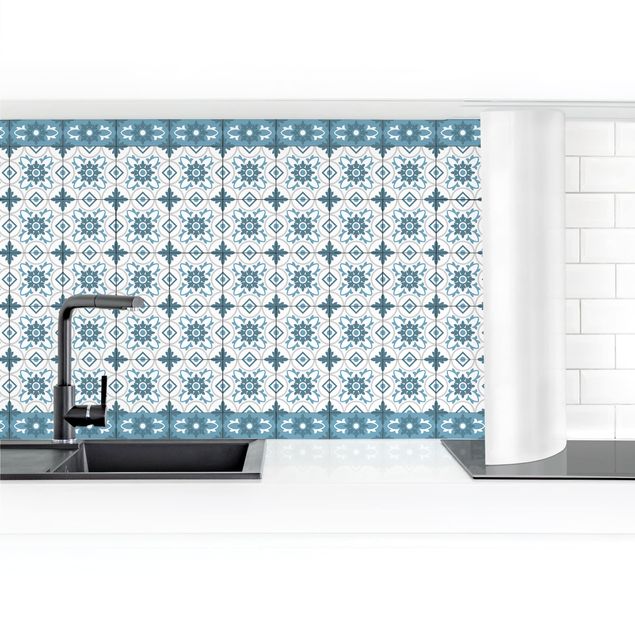 Panel ścienny do kuchni - Płytka geometryczna Mix Flower Niebieski Szary