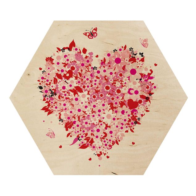 Obraz heksagonalny z drewna - Kwiatowe retro serce