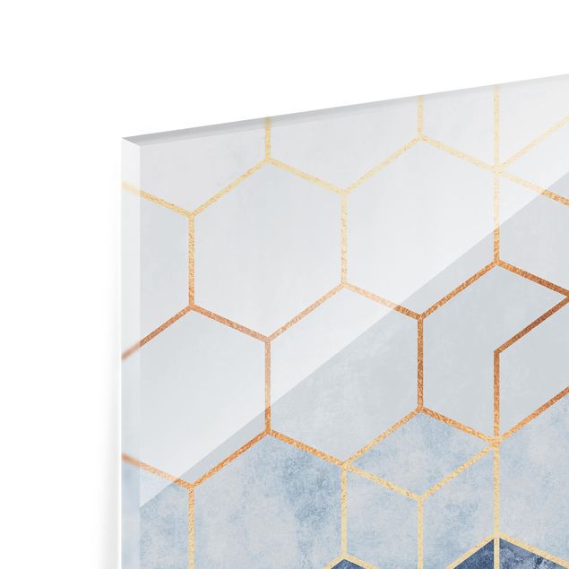 Panel szklany do kuchni - Złote sześciokąty niebiesko-białe