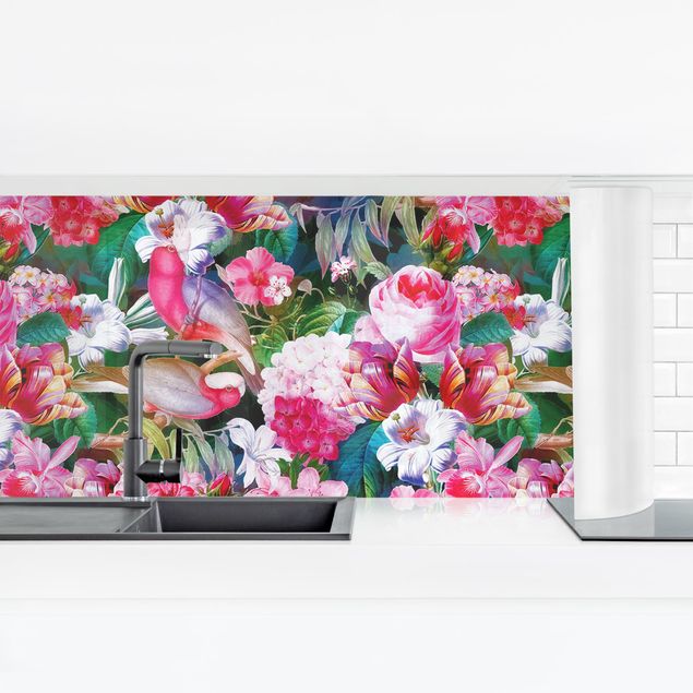 Panele szklane do kuchni Kolorowe kwiaty tropikalne z ptakami Różowy I