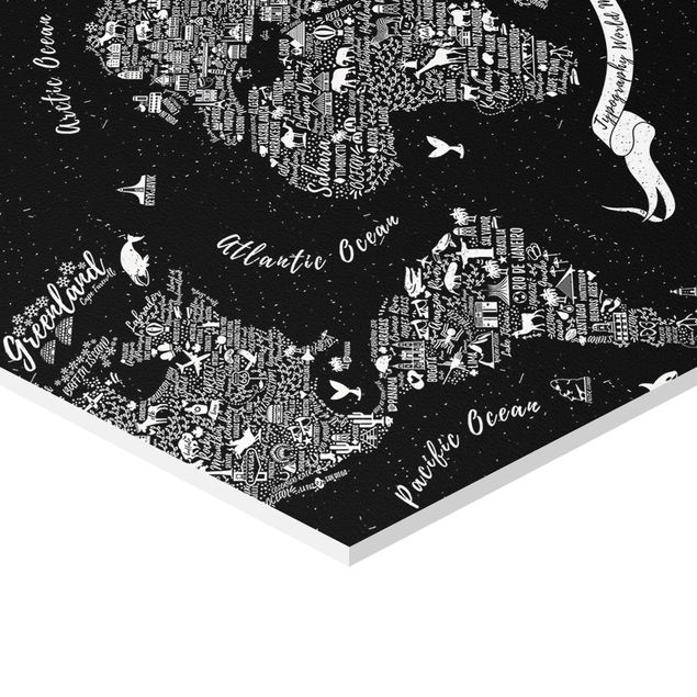 Sześciokątny obraz Typografia mapa świata czarna