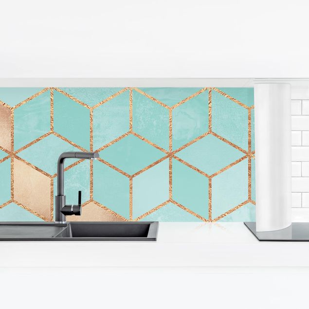 Panele szklane do kuchni Turkusowo-biała złota geometria
