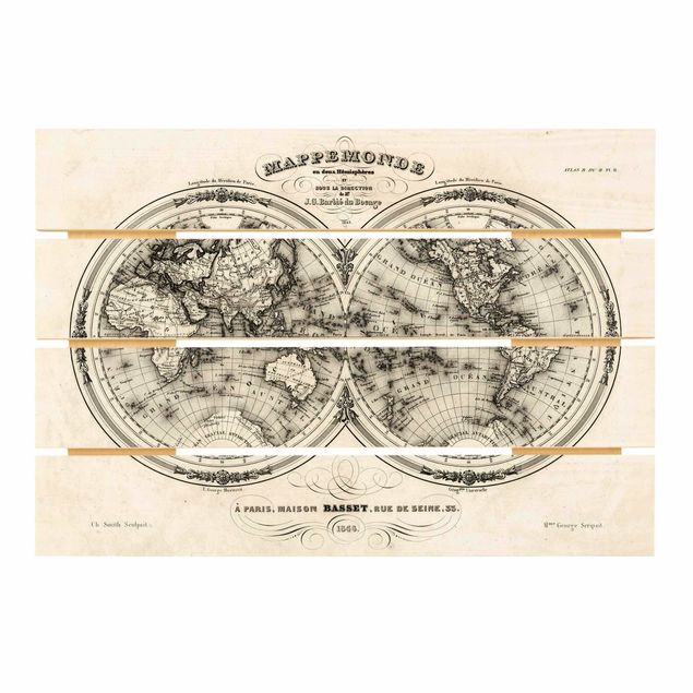 Obraz z drewna - Mapa świata - francuska mapa półkul z 1848 r.