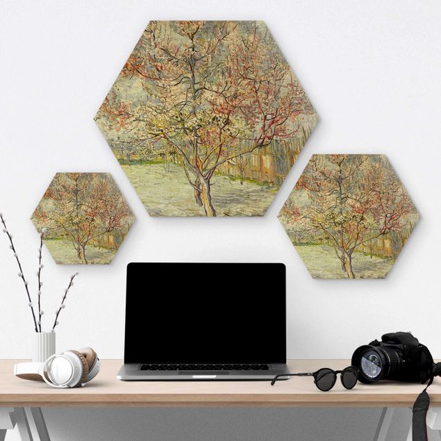 Obraz heksagonalny z drewna - Vincent van Gogh - Kwitnące drzewa brzoskwiniowe