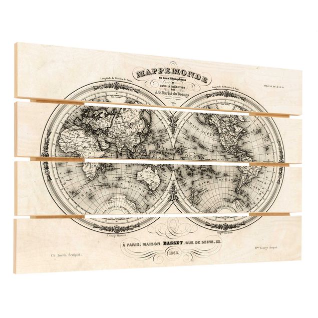 Obraz z drewna - Mapa świata - francuska mapa półkul z 1848 r.