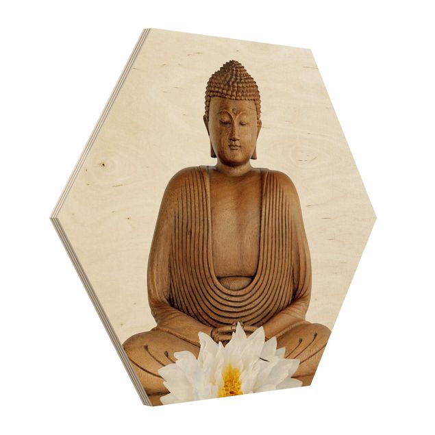 Obraz heksagonalny z drewna - Budda z drewna lotosu