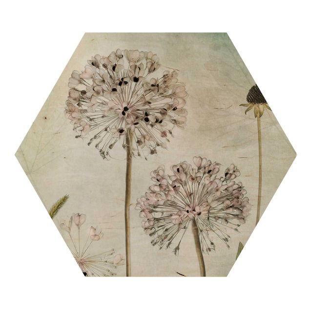 Obraz heksagonalny z drewna - Kwiaty w pastelach