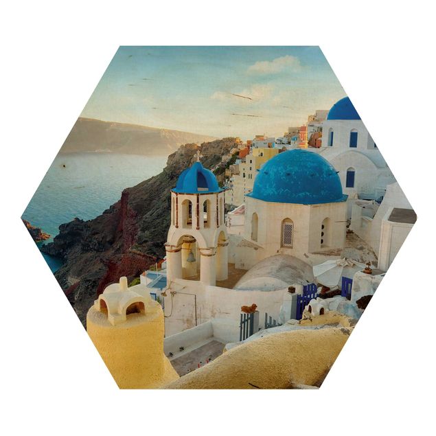 Obraz heksagonalny z drewna - Santorini