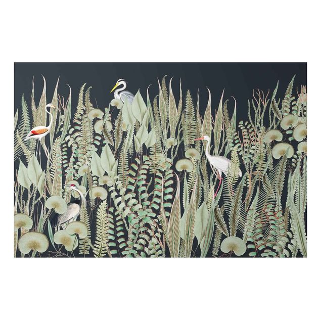 Obrazy do salonu nowoczesne Flamingo i bocian z roślinami na zielonym tle