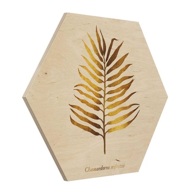 Obraz heksagonalny z drewna - Złoto - liść palmy II