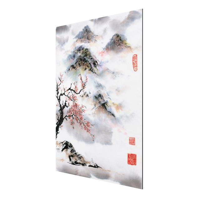 Góry obraz Japońska akwarela Drzewo wiśniowe i góry
