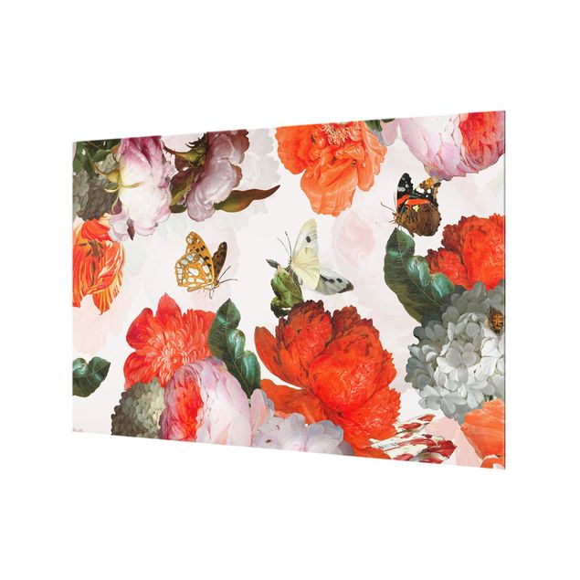 Panel kuchenny - Red Flowers With Butterflies - Format poziomy 1:1