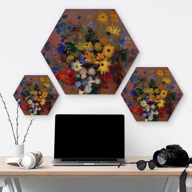 Obraz heksagonalny z drewna - Odilon Redon - Kwiaty w wazonie