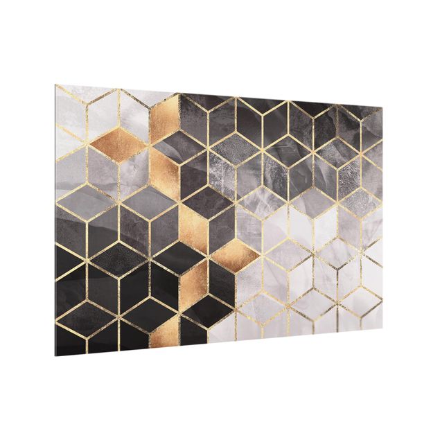 Panele szklane do kuchni czarno-biały złota geometria