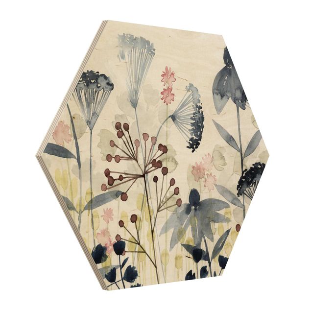Obraz heksagonalny z drewna - Akwarela "Dzikie kwiaty" I