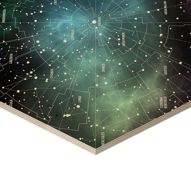 Obraz heksagonalny z drewna - Obrazy gwiazd Mapa mgławic galaktyk