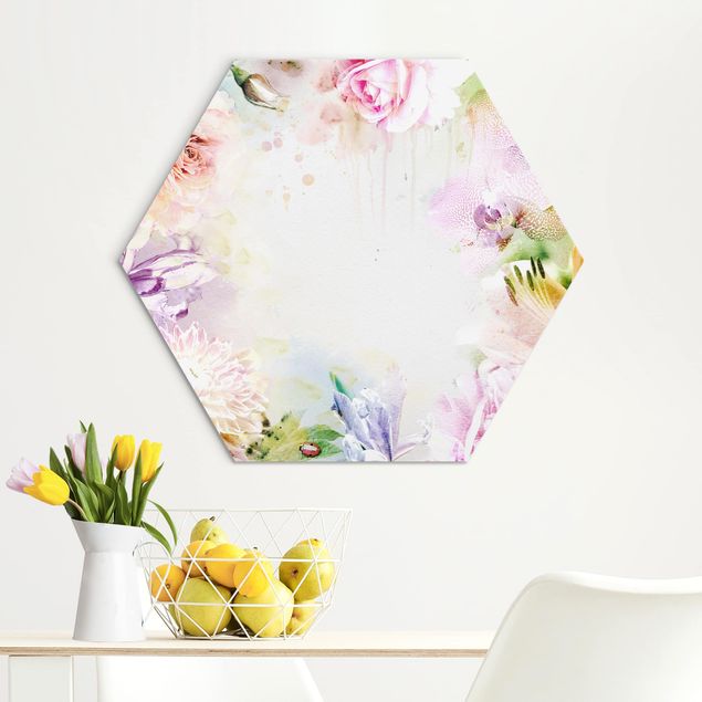 Obraz heksagonalny z Alu-Dibond - Akwarela Mieszanka kwiatowa pastelowa