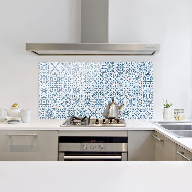 Panel szklany do kuchni Wzór na płytkach niebiesko-biały