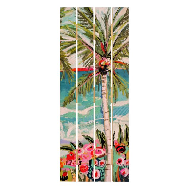 Obraz z drewna - Drzewo palmowe z różowymi kwiatami II