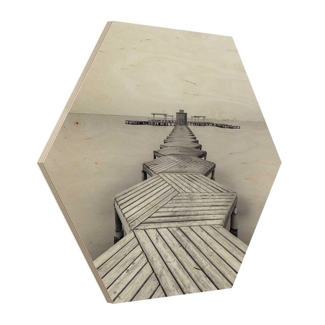 Obraz heksagonalny z drewna - Drewniane molo i czerń i biel