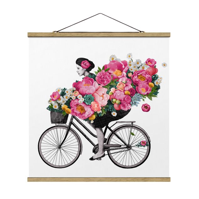 Obrazy portret Ilustracja Kobieta na rowerze Kolaż kolorowych kwiatów