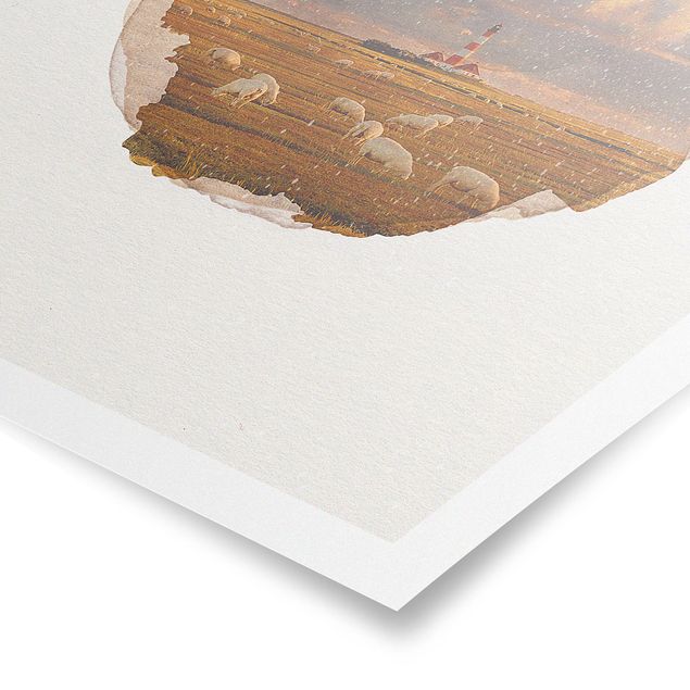 Obrazy na ścianę krajobrazy Akwarele - Latarnia morska na Morzu Północnym ze stadem owiec