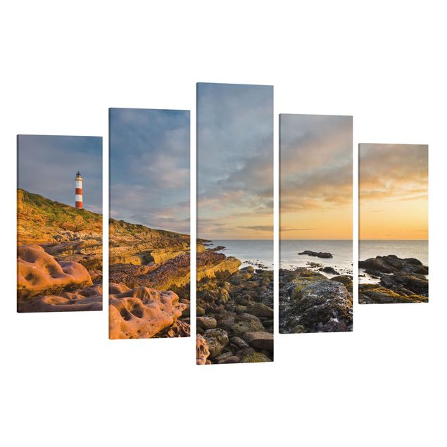 Obraz na płótnie 5-częściowy - Tarbat Ness Morze i latarnia morska o zachodzie słońca