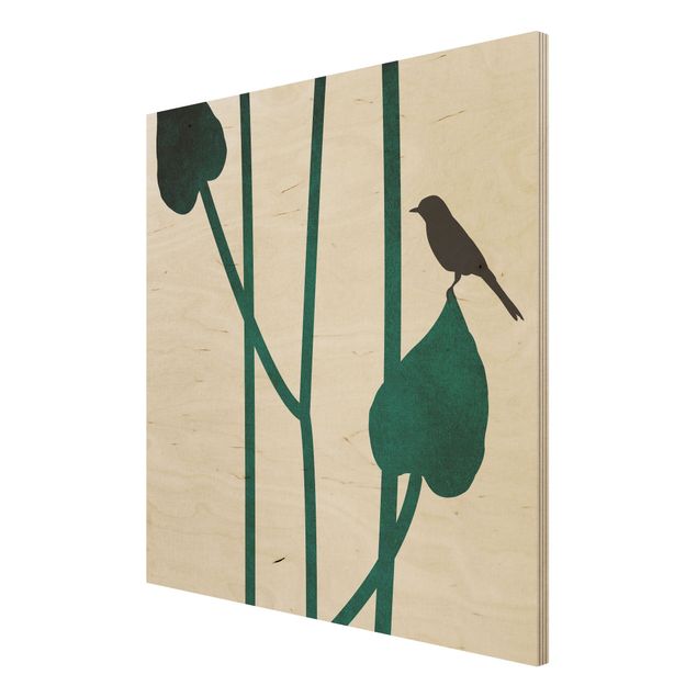 Obrazy z drewna Graficzne życie roślin - ptak na liściu