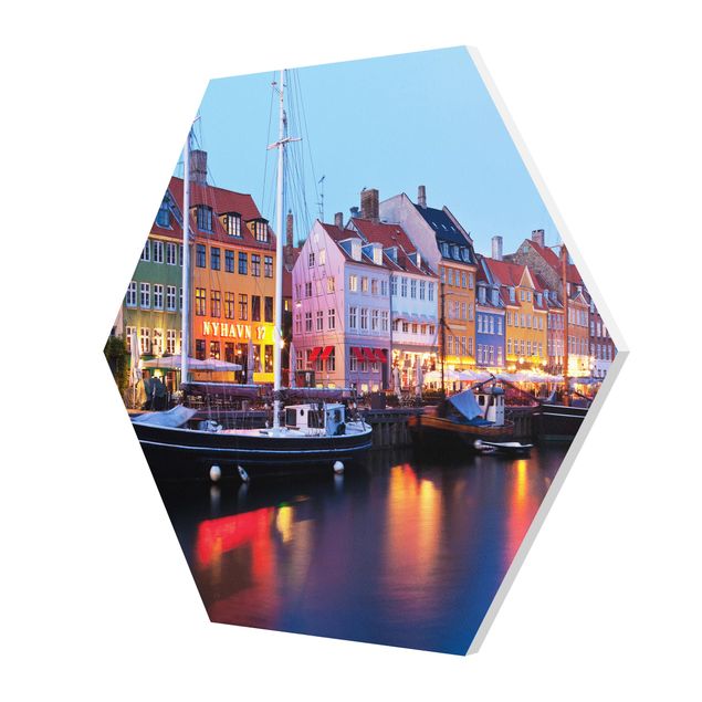 Obraz heksagonalny Port w Kopenhadze wieczorem