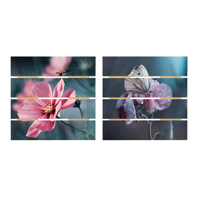 Obraz z drewna 2-częściowy - Motylek i biedronka na kwiatach