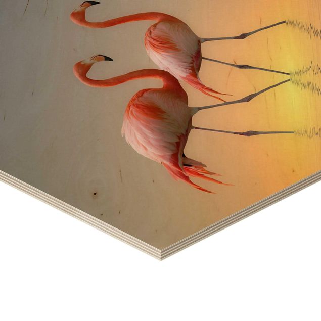 Obraz heksagonalny z drewna - Miłość flaminga